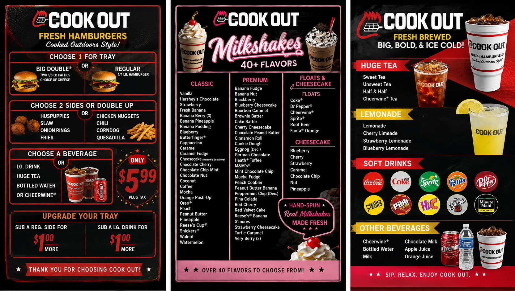 Cook Out menu boards showing burgers, milkshakes and drinks with prices