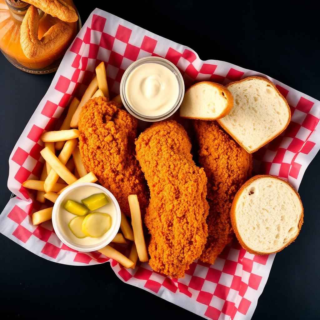 Dave's Hot Chicken combo tray with tenders, fries and sauce